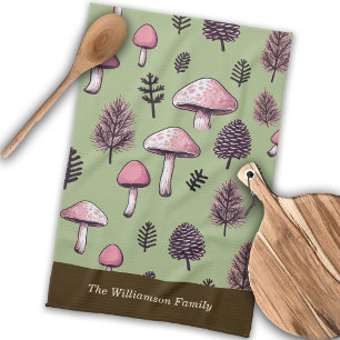 Pink Mushrooms Rustic Thanksgiving Personalise Tea Towel