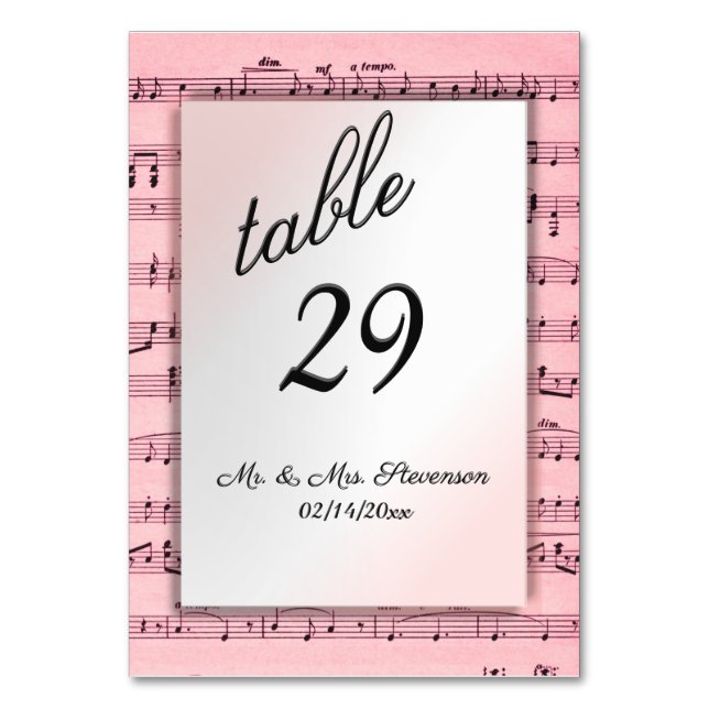 Pink Music Design Personalised Table Number (Front)