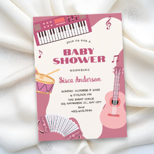 Pink music instruments baby shower invitation