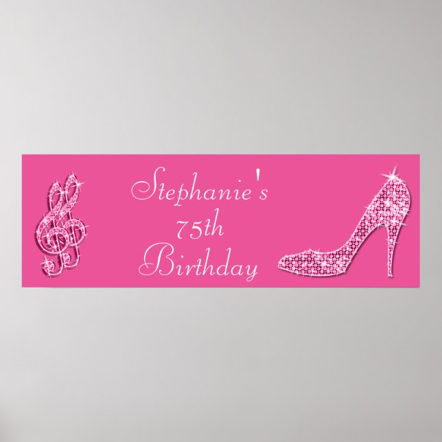 Pink Music Note and Stiletto 75th Birthday Poster (Front)