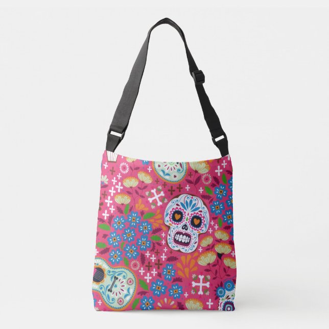Pink Music Rock Skull Floral Garden Crossbody Bag (Front)