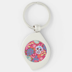 Pink Music Rock Skull Floral Garden Key Ring