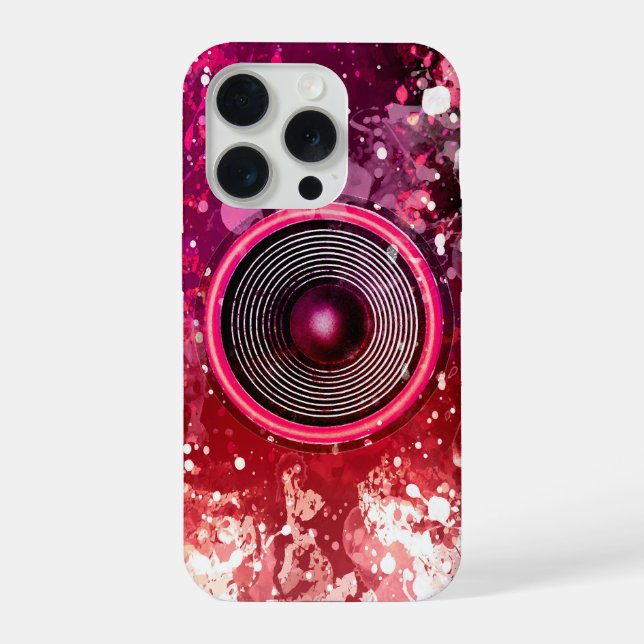 Pink music speaker and paint splatters iPhone case (Back)