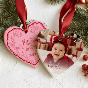 Pink My First Christmas Heart Photo Ornament