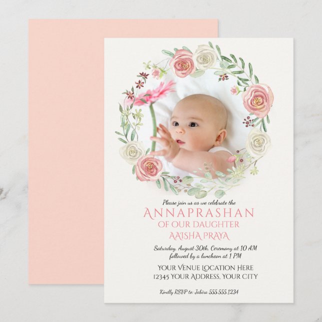 Pink n Ivory Roses Wreath Annaprashan Baby Girl Invitation (Front/Back)