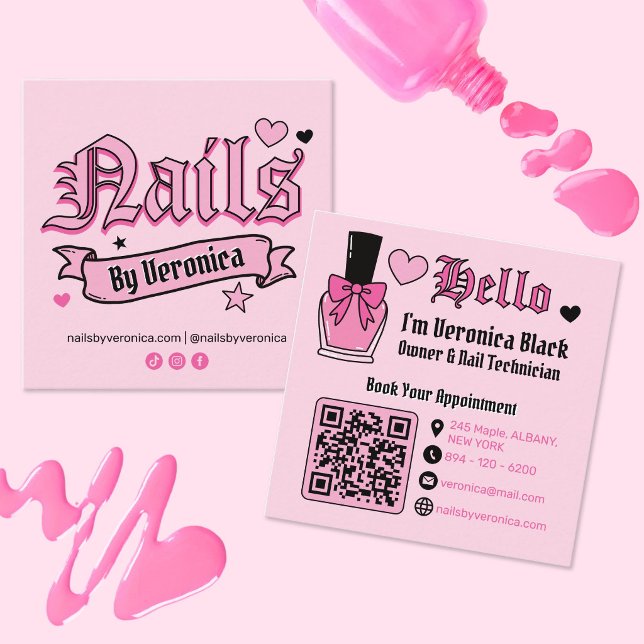 Pink Nail Tech Gothic Lettering QR Code Square Business Card (Pink Nail Tech Gothic Lettering QR Code Square Business Card)