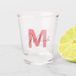 Pink, name and initial bachelorette shot glass<br><div class="desc">Introducing our Personalised Party Elixir Shot Glass – a chic and customisable addition to your bachelorette festivities. This shot glass is a vibrant celebration of personal style, featuring a bold pink script initial that commands attention, and the full name delicately written in calligraphy script for a touch of refined elegance....</div>