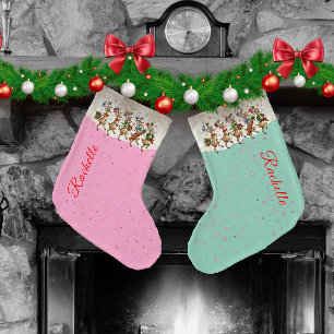 Pink Name Marching Quirky Christmas Reindeer  Large Christmas Stocking