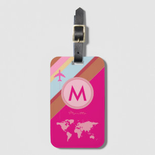 pink name monogram plane travel personalised luggage tag