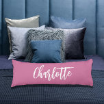 Pink name script body cushion<br><div class="desc">Dark pink coloured background.  Personalise and add your name.  Large white hand lettered style script.</div>