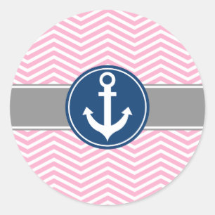 Pink Nautical Anchor Chevron Classic Round Sticker