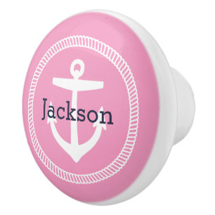 Pink Nautical Anchor Monogram Ceramic Knob