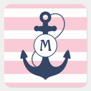 Pink Nautical Anchor Monogram Square Sticker