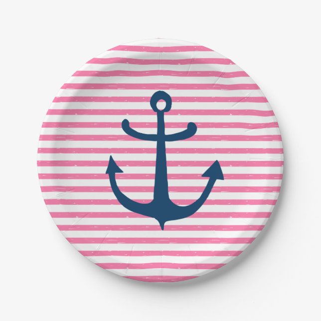 Pink Nautical Anchor Paper Plate (Front)