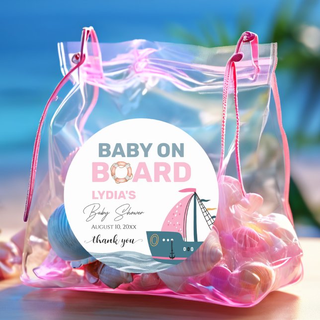 Pink Nautical Baby on Board Baby Shower Classic Round Sticker (Creator Uploaded)