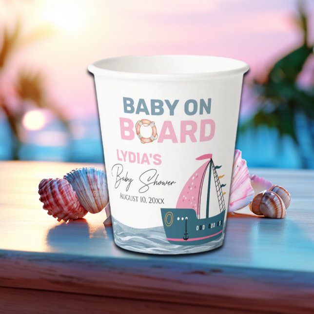 Pink Nautical Baby on Board Baby Shower Paper Cups (Creator Uploaded)