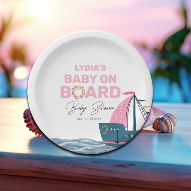 Pink Nautical Baby on Board Baby Shower Paper Plate (Creator Uploaded)