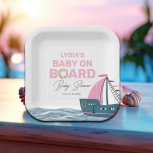 Pink Nautical Baby on Board Baby Shower Paper Plate