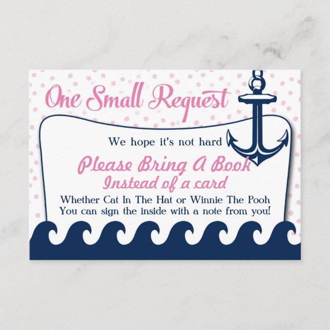 Pink Nautical Baby Shower Book Card Bring A Book (Front)