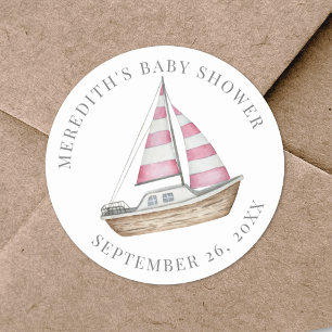 Pink Nautical Baby Shower Classic Round Sticker