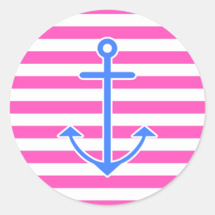 Pink Nautical Blue Anchor Classic Round Sticker
