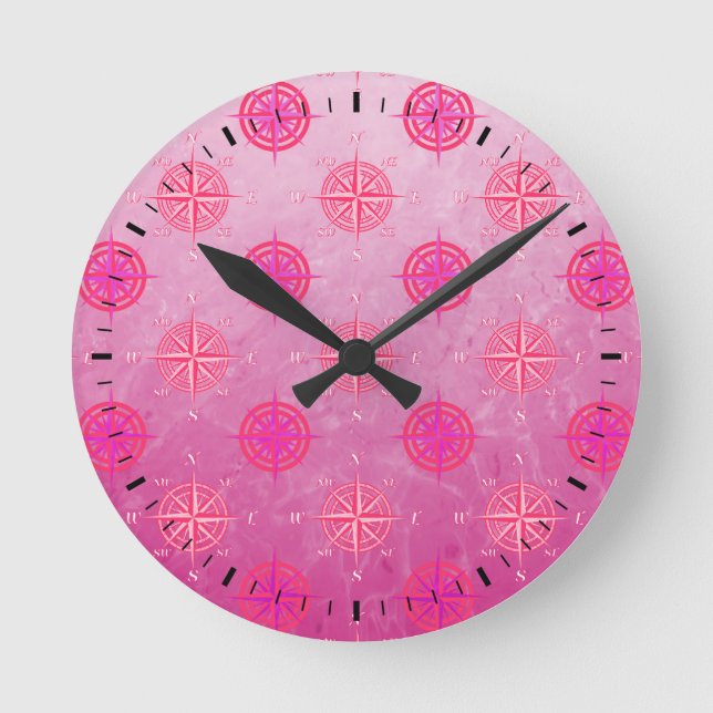 Pink Nautical Compass Rose Round Clock (Front)