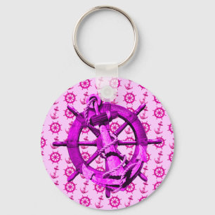 Pink Nautical Ships Wheel And Anchor Key Ring