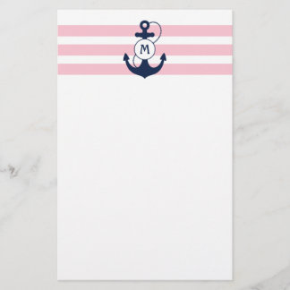 Pink Nautical Stripes with Anchor Monogram Stationery