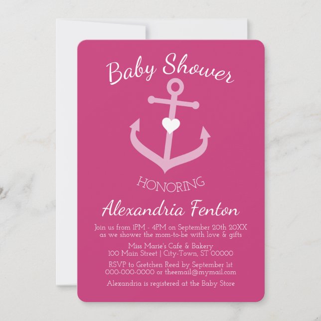 Pink Nautical themed Baby Shower Invitation (Front)