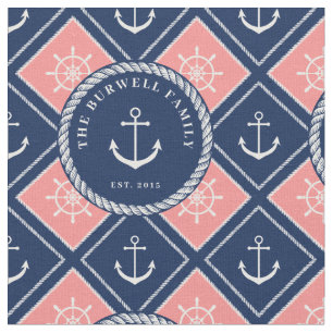 Pink Navy Anchor Ship's Wheel Pattern Add Name Fabric