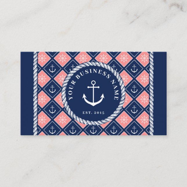 Pink Navy Anchor Ship's Wheel Pattern Business Card (Front)