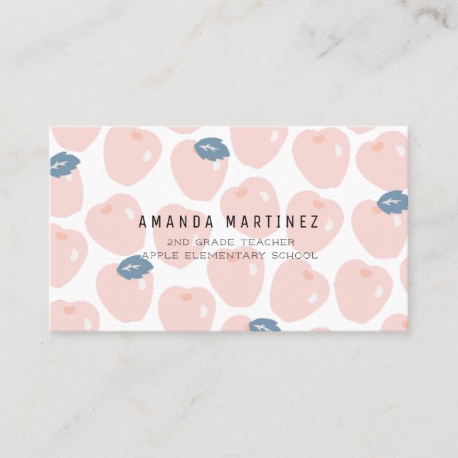 Pink & Navy Apple Pattern Teacher's Business Card (Front)