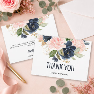 Pink Navy Baby Shower Floral Watercolor Thank You Card