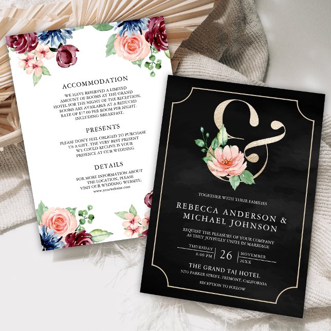 Pink Navy Black Burgundy Floral Ampersand Wedding Invitation (Creator Uploaded)