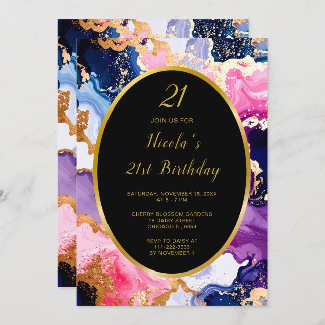Pink, Navy Blue and Gold Ink Birthday Party Invitation (Front/Back)