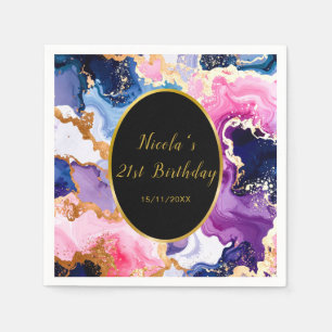 Pink, Navy Blue and Gold Ink Birthday Party Napkin