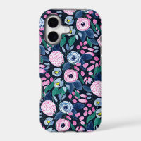 Pink Navy Blue Floral Bouquet Watercolor Pattern