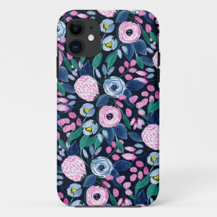Pink Navy Blue Floral Bouquet Watercolor Pattern Case-Mate iPhone Case