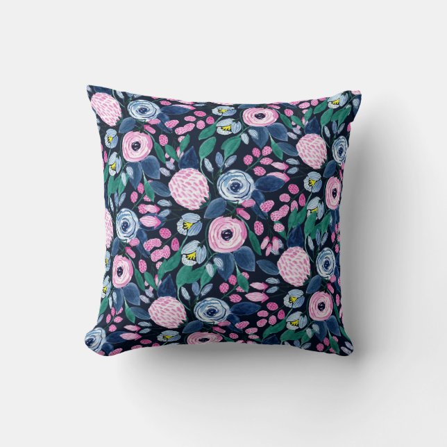 Pink Navy Blue Floral Bouquet Watercolor Pattern Cushion (Front)