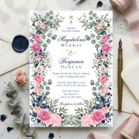 Pink Navy Blue Floral Eucalyptus Greenery Wedding