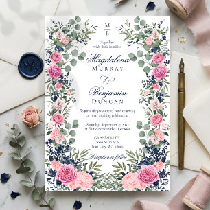 Pink Navy Blue Floral Eucalyptus Greenery Wedding Invitation