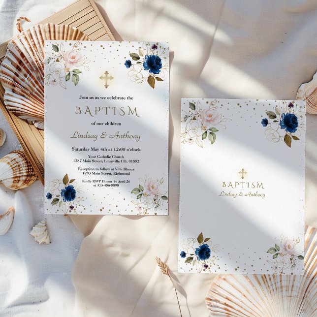 Pink Navy Blue Floral Gold Cross Twins Baptism   Invitation (Creator Uploaded)