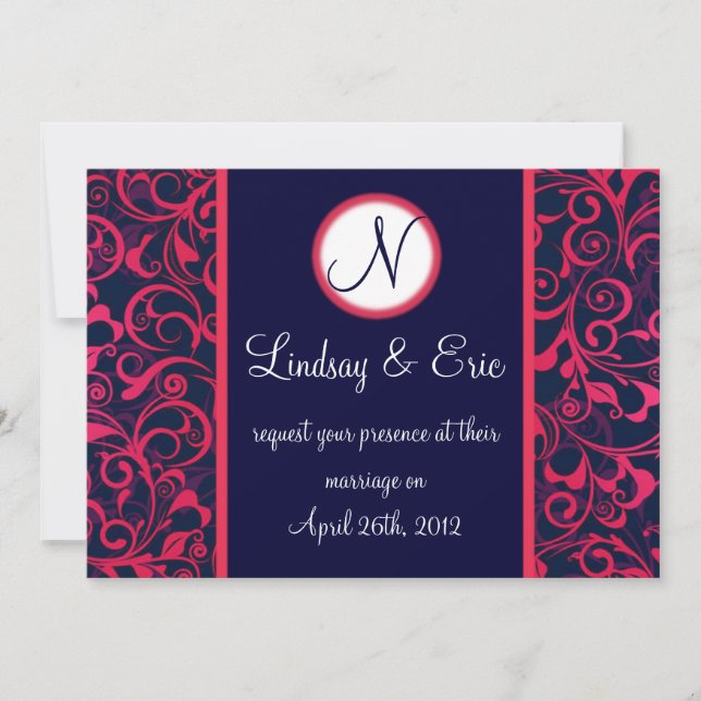 Pink Navy Blue Floral wedding invitation monogram (Front)