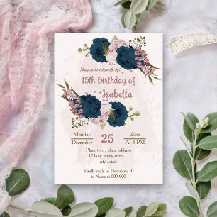 pink navy blue flowers botanical birthday invitation