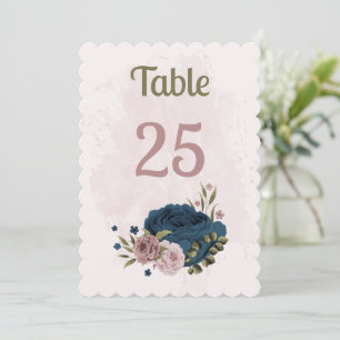 pink navy blue flowers botanical table number card