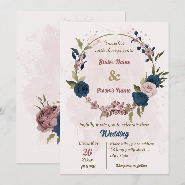 pink navy blue flowers botanical wedding invitation (Front/Back)