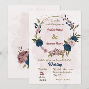 pink navy blue flowers botanical wedding invitation