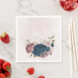 pink navy blue flowers botanical wedding napkin