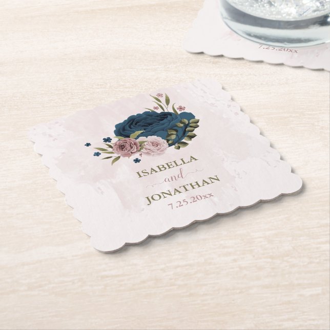 pink navy blue flowers botanical wedding paper coaster (Angled)