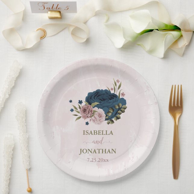 pink navy blue flowers botanical wedding paper plate (Wedding)